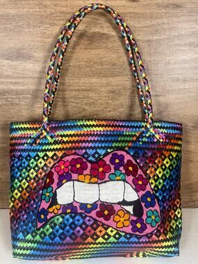 Mexican Woven Plastic Ribbon Tote Bag Rainbow Embroidered Floral Lips Beach